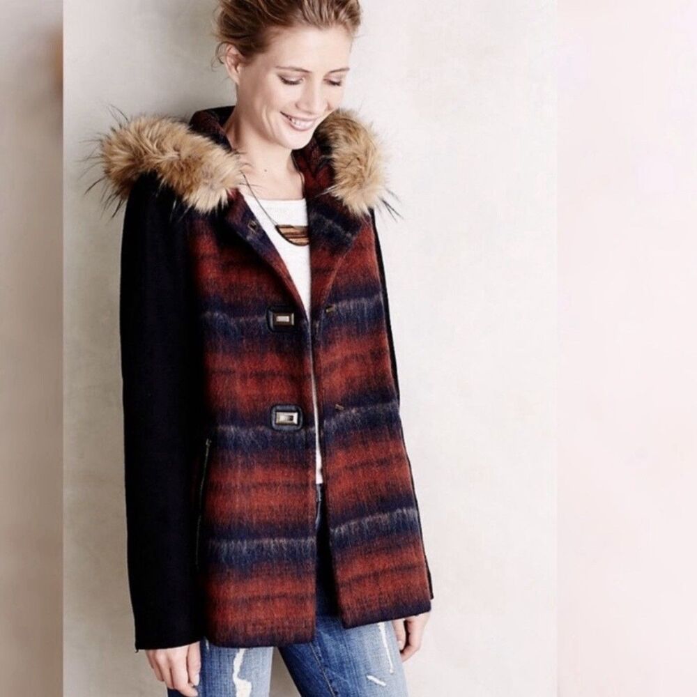 Anthro Elevenses Berwick Swing Coat Plaid Wool Blend Faux Fur Hood Women M